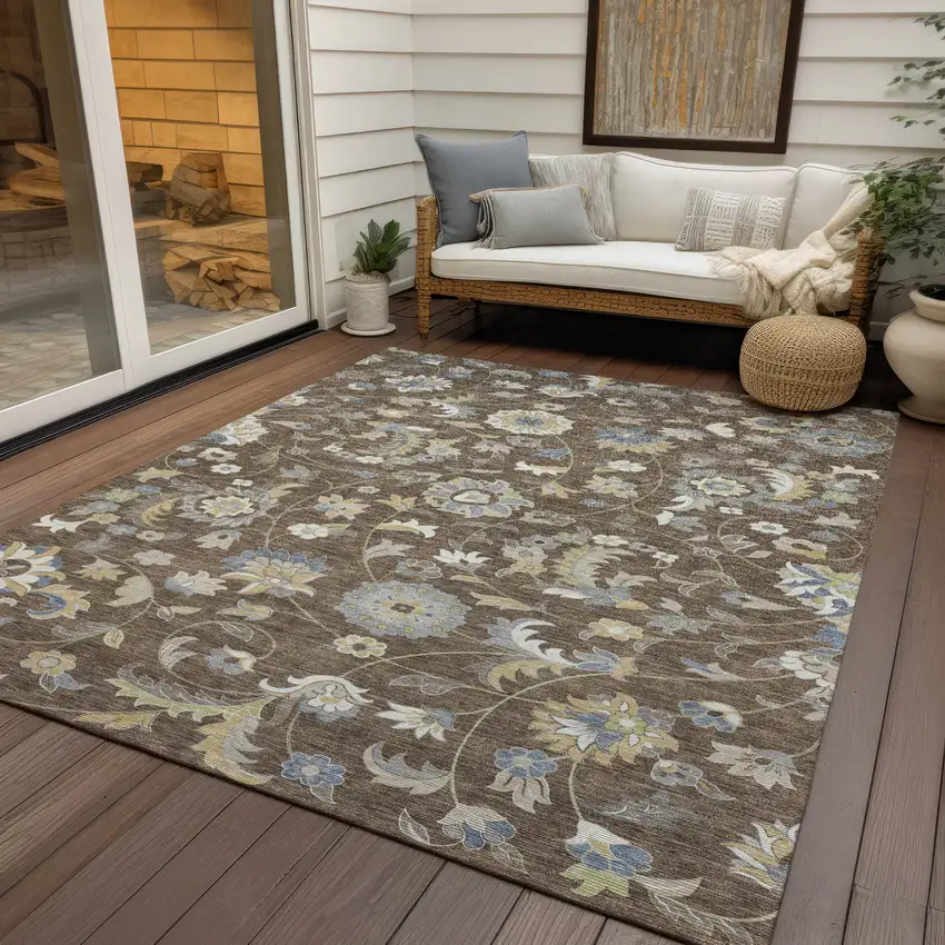 Chocolate Beige And Blue Floral Washable Indoor Outdoor Area Rug Photo 8