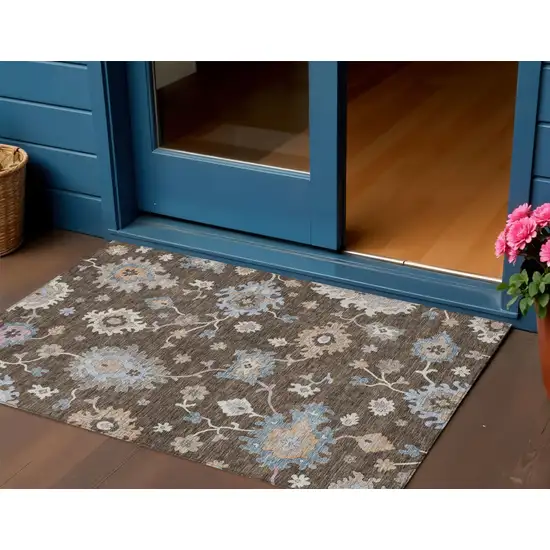 Chocolate Beige And Blue Floral Washable Indoor Outdoor Area Rug Photo 1