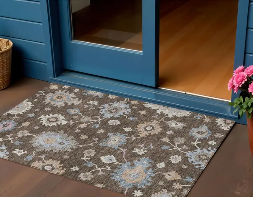 Chocolate Beige And Blue Floral Washable Indoor Outdoor Area Rug Photo 1