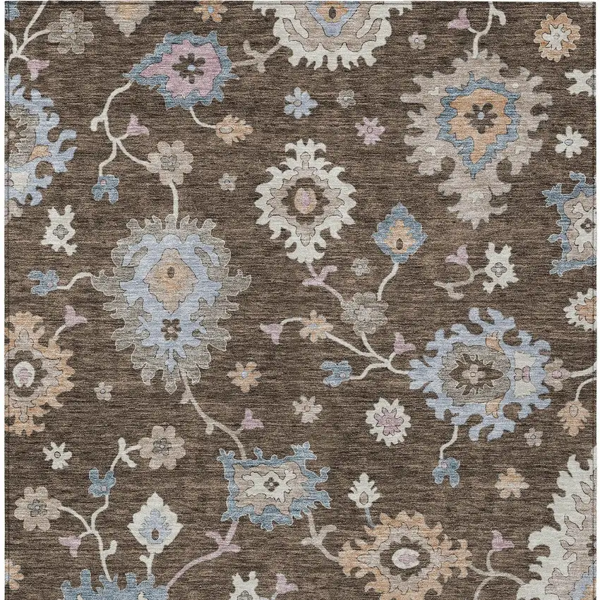 Chocolate Beige And Blue Floral Washable Indoor Outdoor Area Rug Photo 7