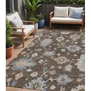 Photo of Chocolate Beige And Blue Floral Washable Indoor Outdoor Area Rug