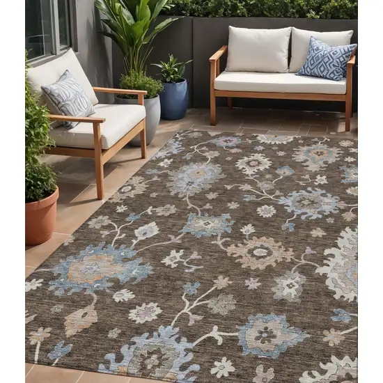 Chocolate Beige And Blue Floral Washable Indoor Outdoor Area Rug Photo 1