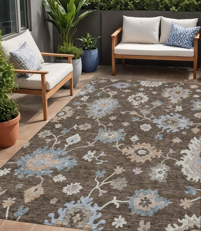 Chocolate Beige And Blue Floral Washable Indoor Outdoor Area Rug Photo 1