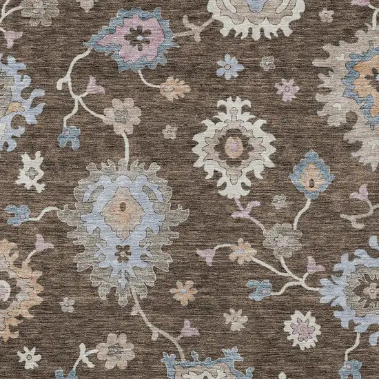 Chocolate Beige And Blue Floral Washable Indoor Outdoor Area Rug Photo 7