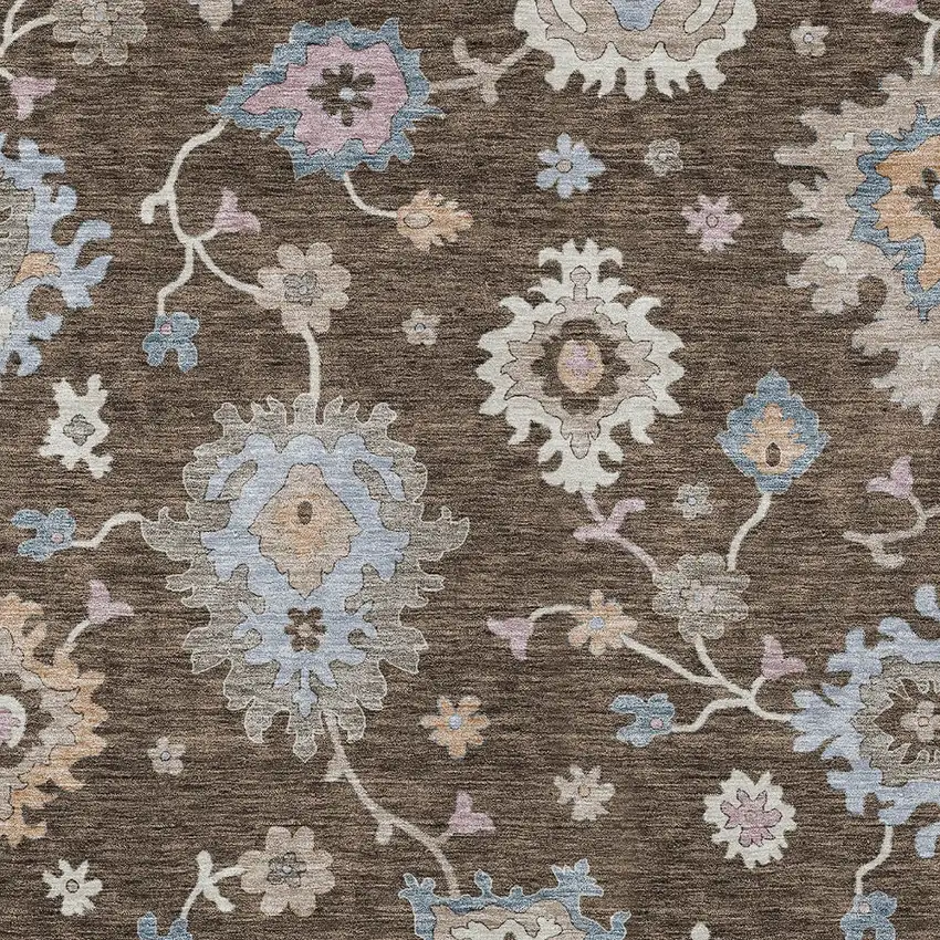 Chocolate Beige And Blue Floral Washable Indoor Outdoor Area Rug Photo 7