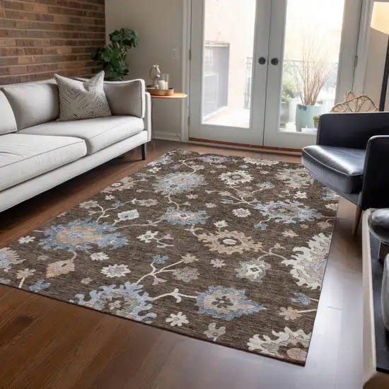 Chocolate Beige And Blue Floral Washable Indoor Outdoor Area Rug Photo 9