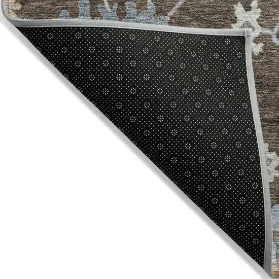 Chocolate Beige And Blue Floral Washable Indoor Outdoor Area Rug Photo 4