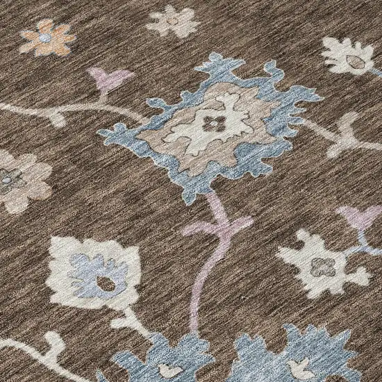 Chocolate Beige And Blue Floral Washable Indoor Outdoor Area Rug Photo 6
