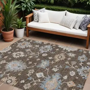 Photo of Chocolate Beige And Blue Floral Washable Indoor Outdoor Area Rug