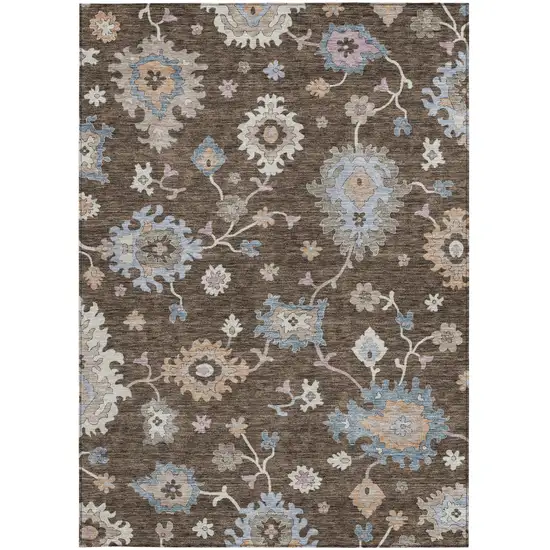 Chocolate Beige And Blue Floral Washable Indoor Outdoor Area Rug Photo 8
