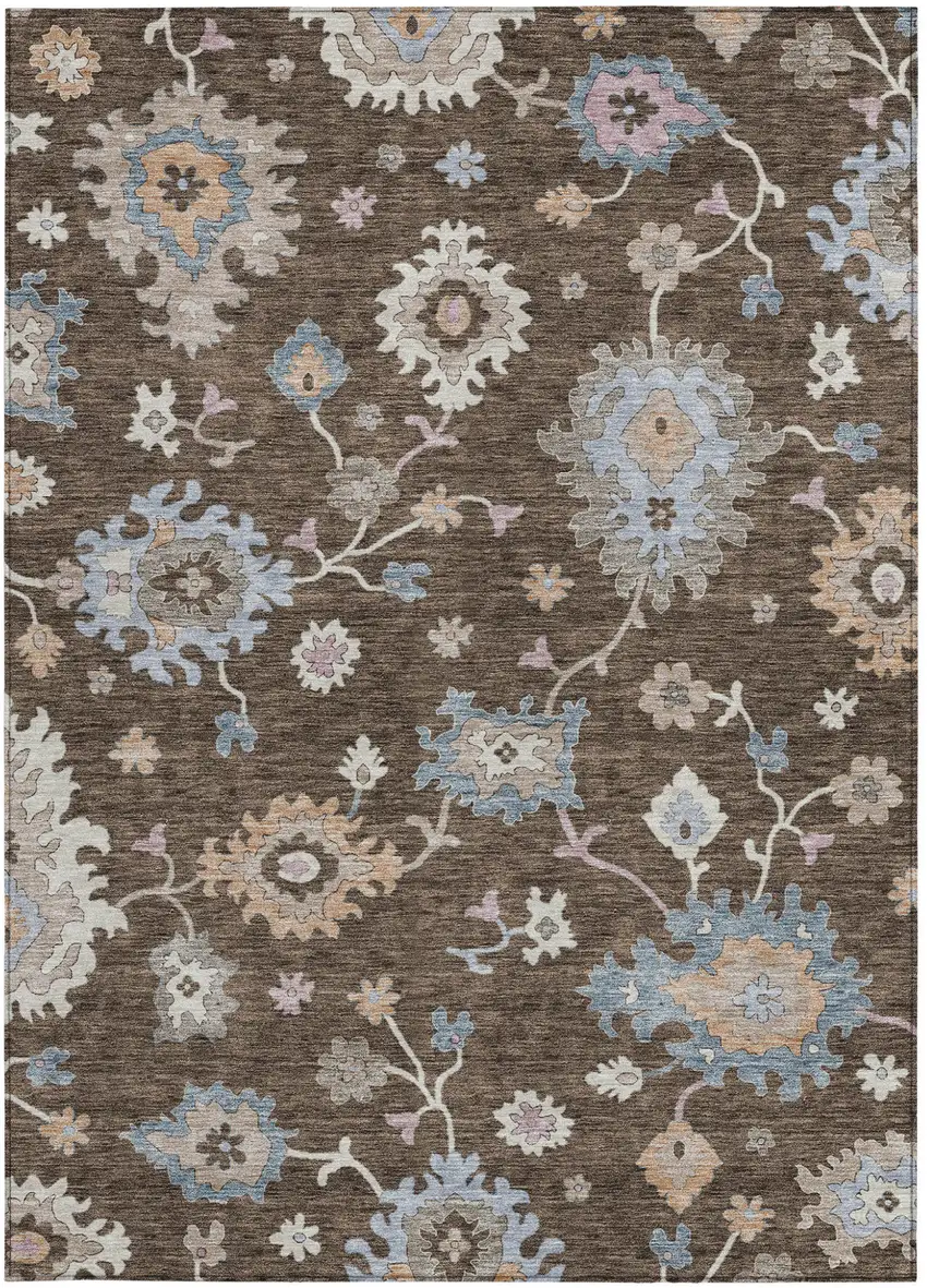 Chocolate Beige And Blue Floral Washable Indoor Outdoor Area Rug Photo 8