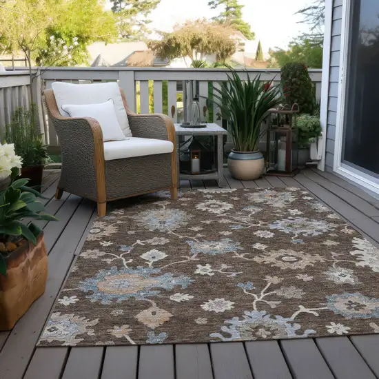 Chocolate Beige And Blue Floral Washable Indoor Outdoor Area Rug Photo 9