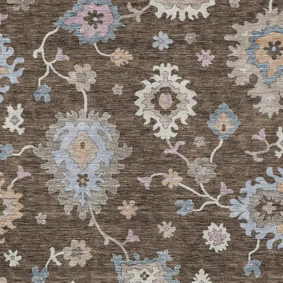 Chocolate Beige And Blue Floral Washable Indoor Outdoor Area Rug Photo 7