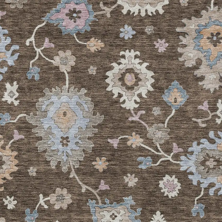 Chocolate Beige And Blue Floral Washable Indoor Outdoor Area Rug Photo 7