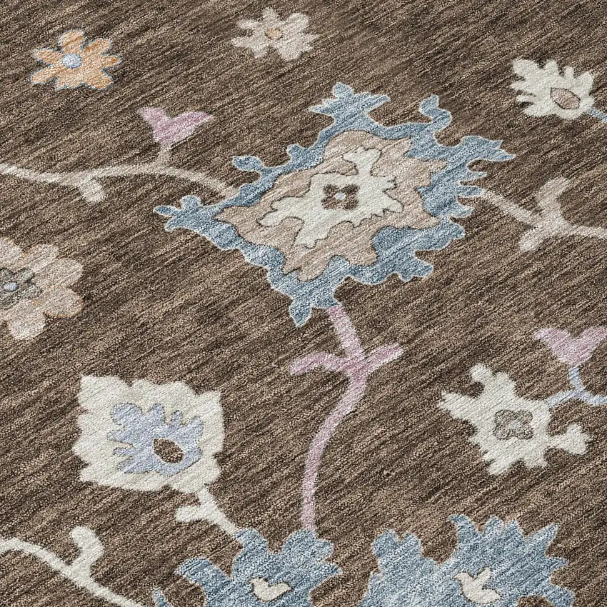 Chocolate Beige And Blue Floral Washable Indoor Outdoor Area Rug Photo 6