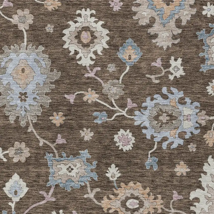 Chocolate Beige And Blue Floral Washable Indoor Outdoor Area Rug Photo 7