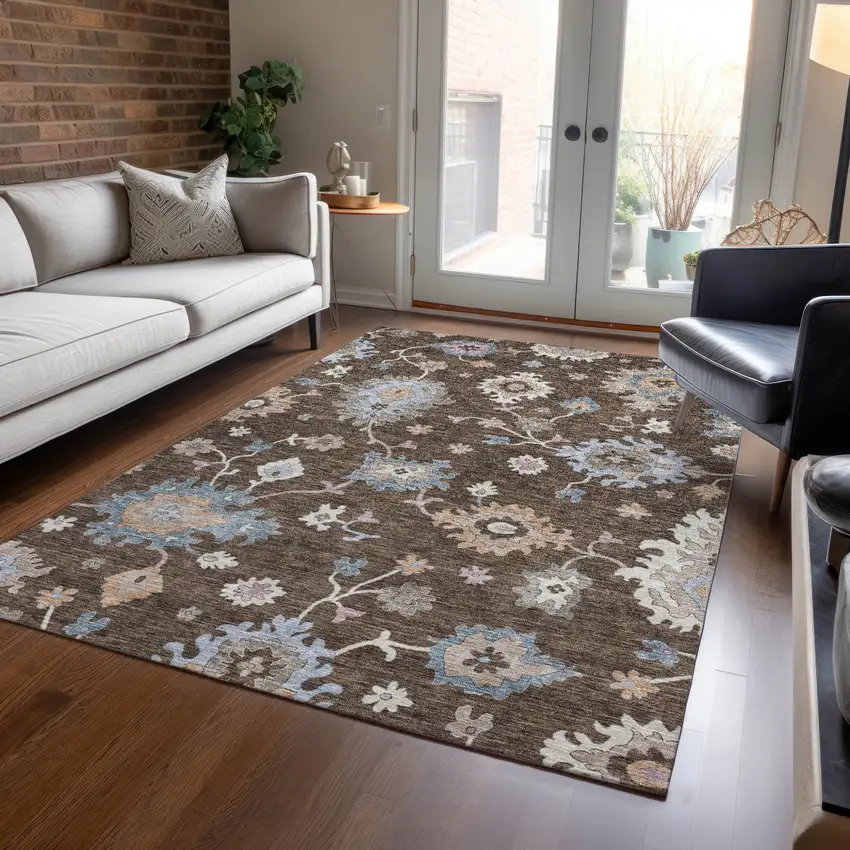 Chocolate Beige And Blue Floral Washable Indoor Outdoor Area Rug Photo 9