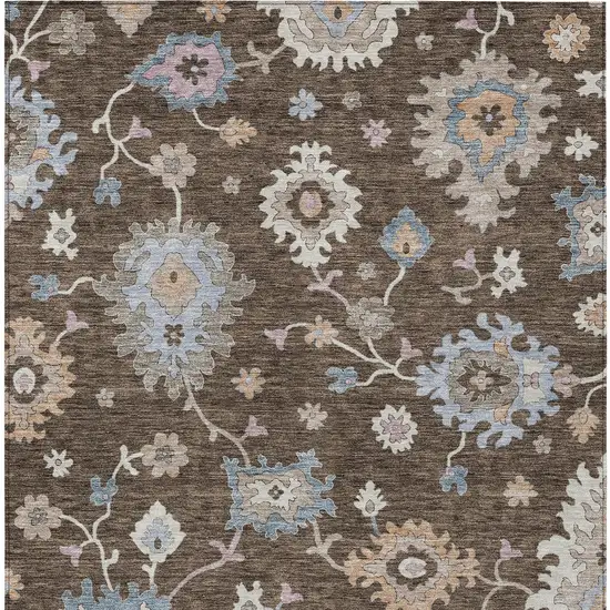 Chocolate Beige And Blue Floral Washable Indoor Outdoor Area Rug Photo 8