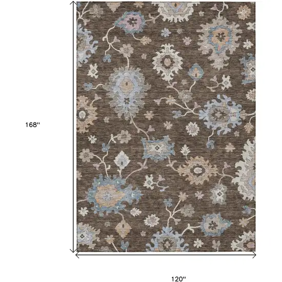 Chocolate Beige And Blue Floral Washable Indoor Outdoor Area Rug Photo 3