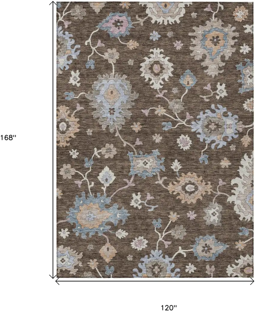 Chocolate Beige And Blue Floral Washable Indoor Outdoor Area Rug Photo 3