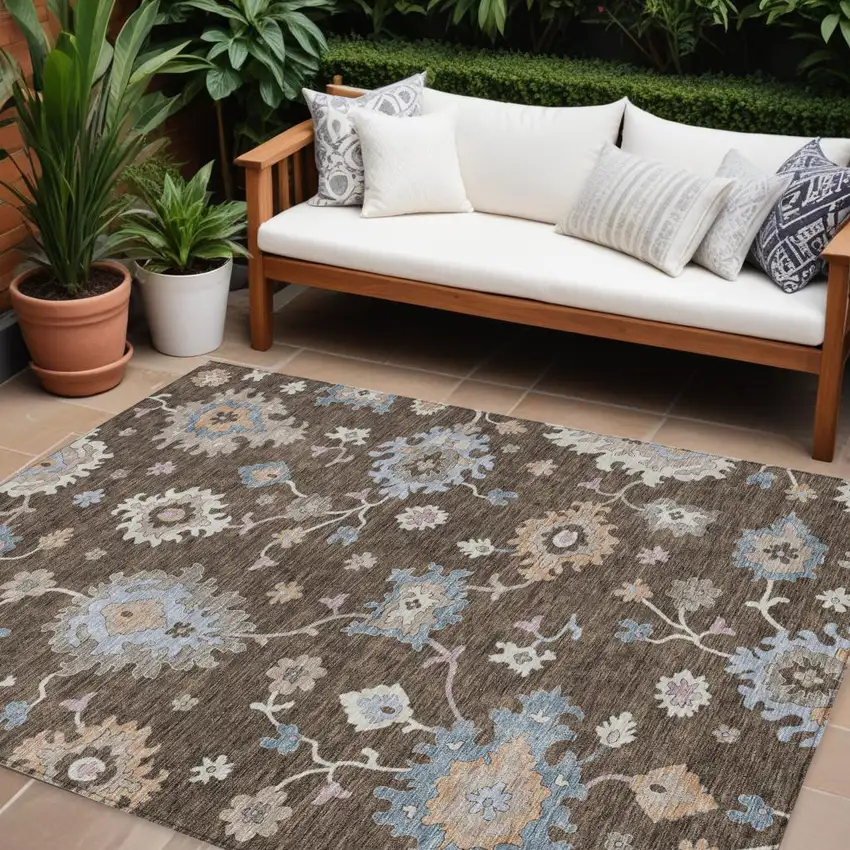 Chocolate Beige And Blue Floral Washable Indoor Outdoor Area Rug Photo 1