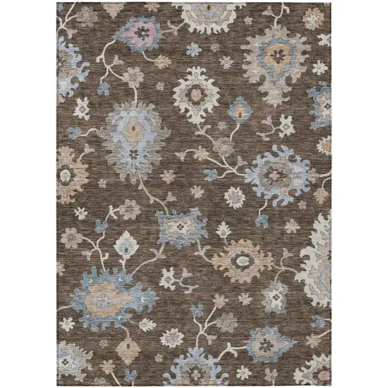 Chocolate Beige And Blue Floral Washable Indoor Outdoor Area Rug Photo 2