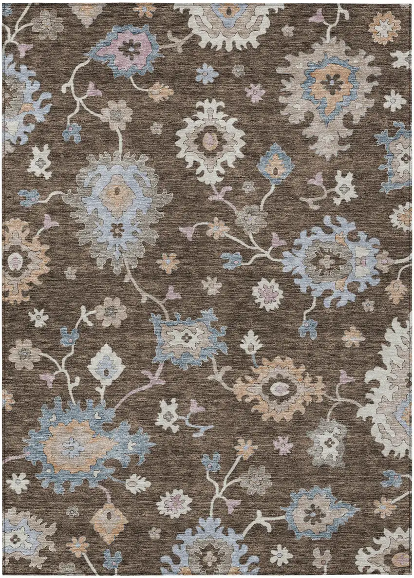 Chocolate Beige And Blue Floral Washable Indoor Outdoor Area Rug Photo 2