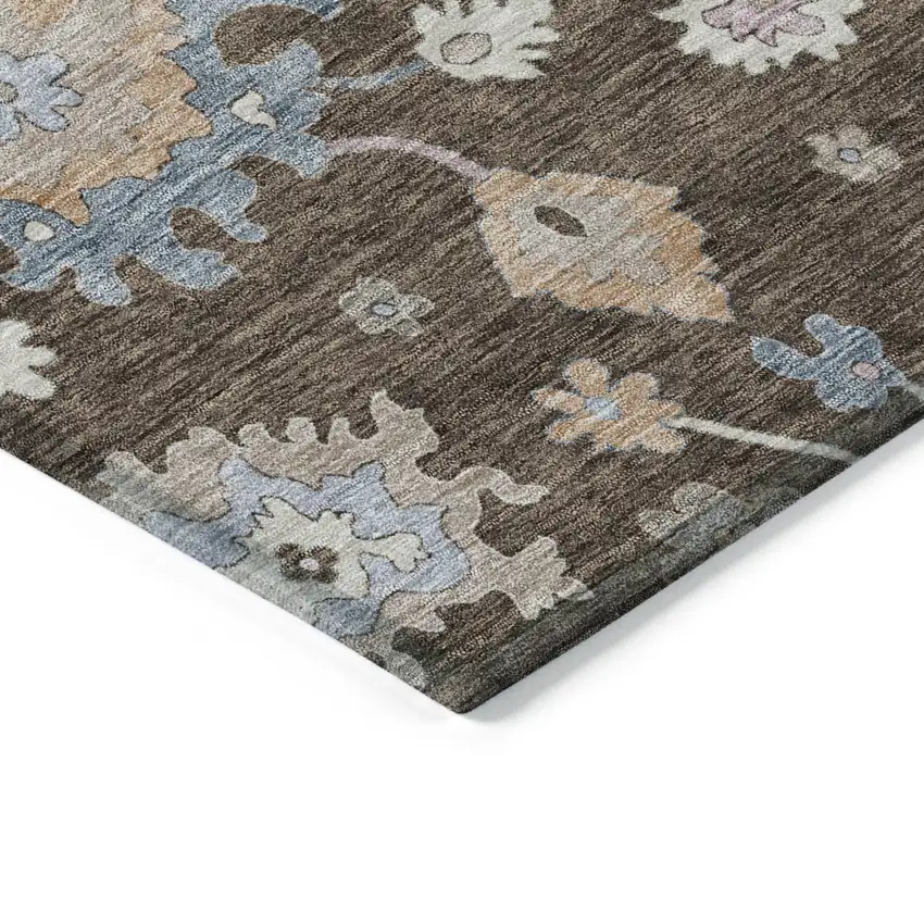 Chocolate Beige And Blue Floral Washable Indoor Outdoor Area Rug Photo 5