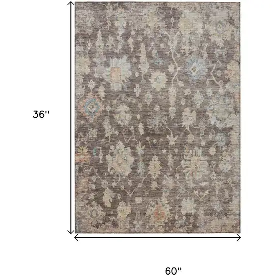 Chocolate Beige And Blue Floral Washable Indoor Outdoor Area Rug Photo 9