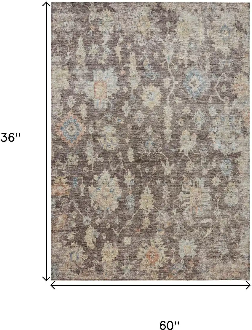 Chocolate Beige And Blue Floral Washable Indoor Outdoor Area Rug Photo 9