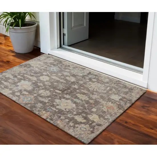 Chocolate Beige And Blue Floral Washable Indoor Outdoor Area Rug Photo 1