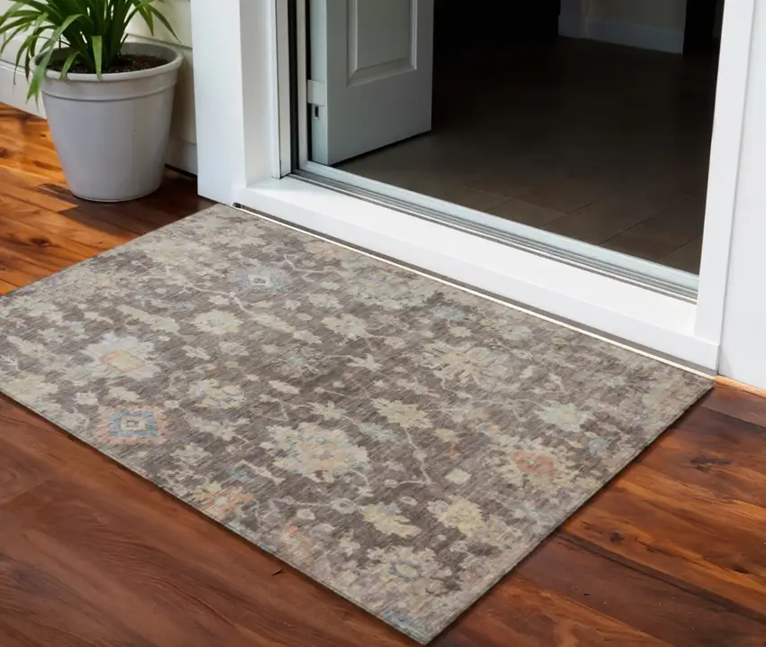 Chocolate Beige And Blue Floral Washable Indoor Outdoor Area Rug Photo 1