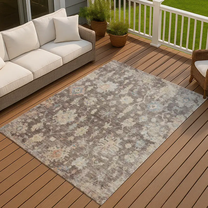 Chocolate Beige And Blue Floral Washable Indoor Outdoor Area Rug Photo 3
