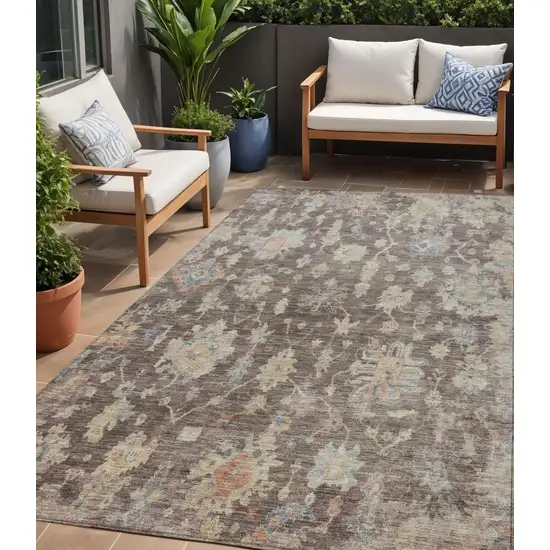 Chocolate Beige And Blue Floral Washable Indoor Outdoor Area Rug Photo 1