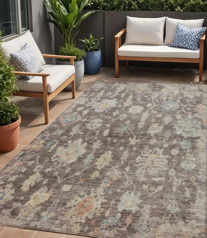 Chocolate Beige And Blue Floral Washable Indoor Outdoor Area Rug Photo 1
