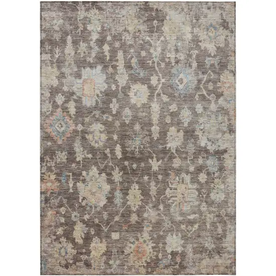 Chocolate Beige And Blue Floral Washable Indoor Outdoor Area Rug Photo 8