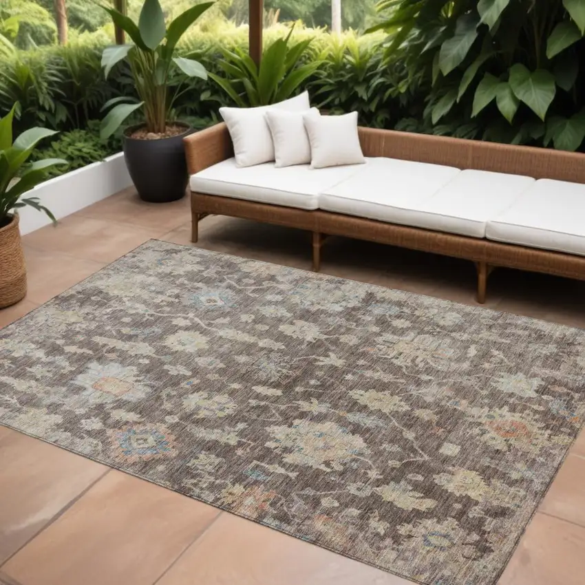 Chocolate Beige And Blue Floral Washable Indoor Outdoor Area Rug Photo 1