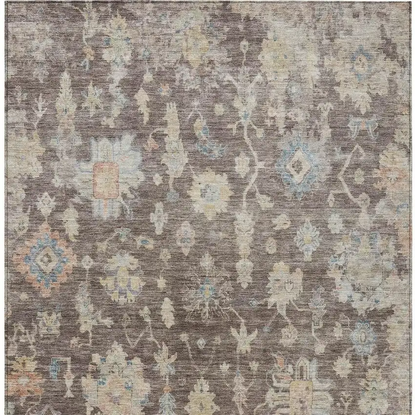 Chocolate Beige And Blue Floral Washable Indoor Outdoor Area Rug Photo 4