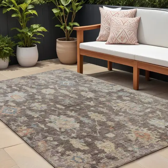 Chocolate Beige And Blue Floral Washable Indoor Outdoor Area Rug Photo 1