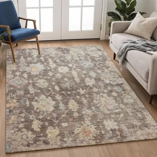 Chocolate Beige And Blue Floral Washable Indoor Outdoor Area Rug Photo 3