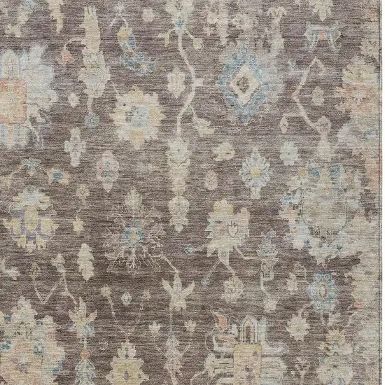 Chocolate Beige And Blue Floral Washable Indoor Outdoor Area Rug Photo 3