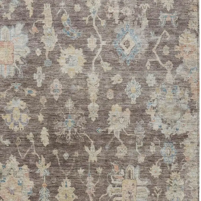Chocolate Beige And Blue Floral Washable Indoor Outdoor Area Rug Photo 3