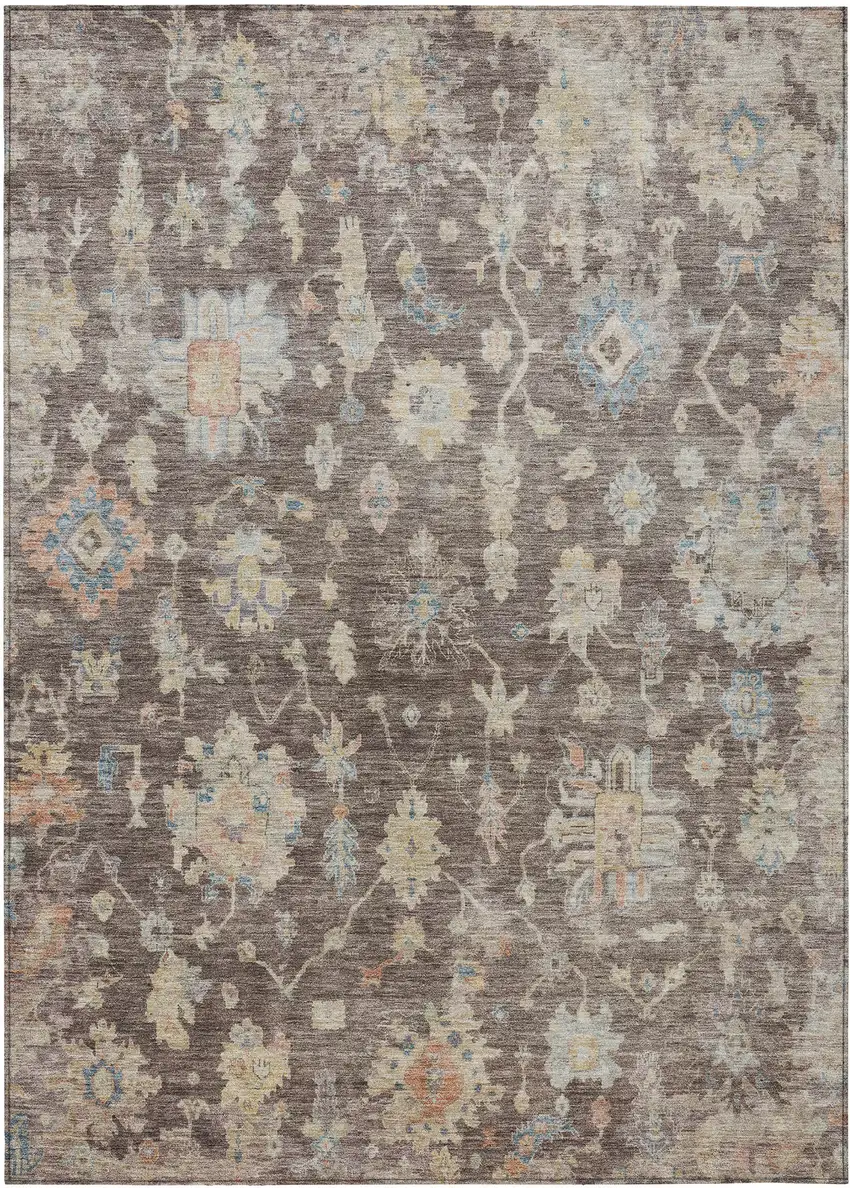 Chocolate Beige And Blue Floral Washable Indoor Outdoor Area Rug Photo 7