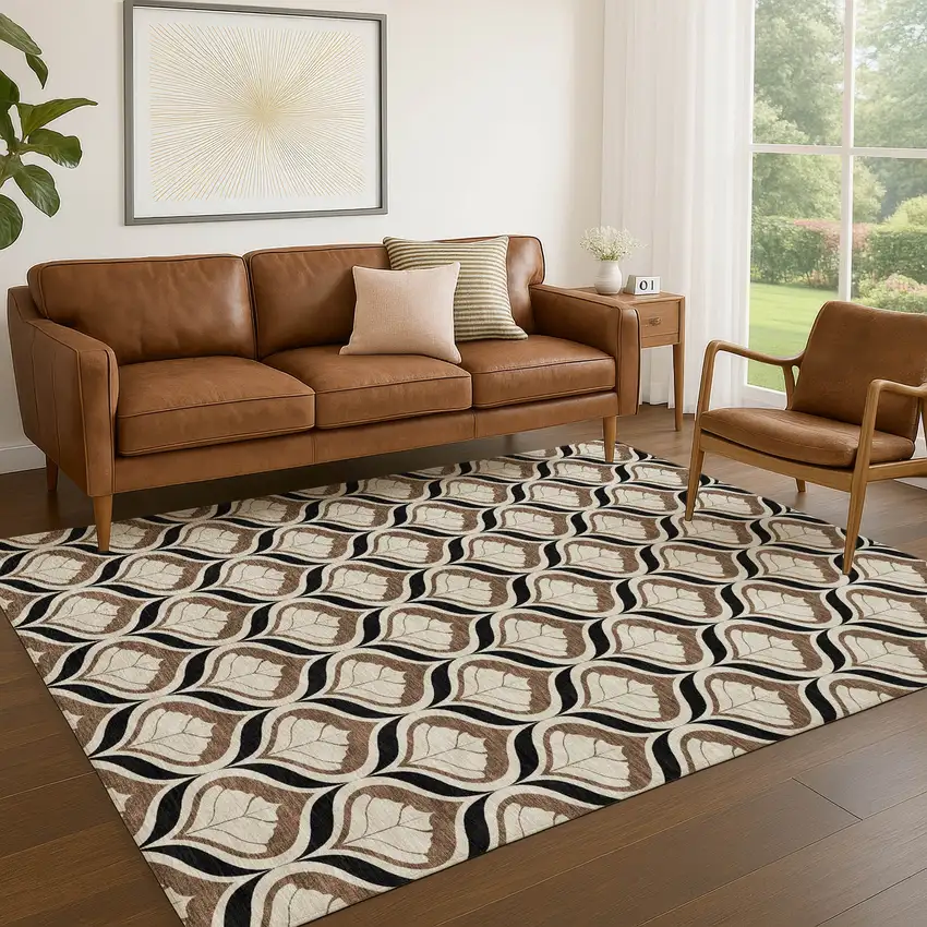 Chocolate Beige And Brown Geometric Washable Indoor Outdoor Area Rug Photo 5
