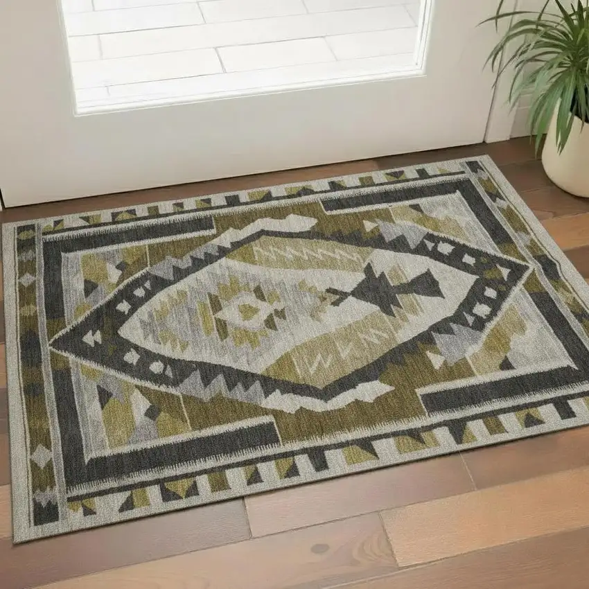 Chocolate Beige And Charcoal Tribal Washable Area Rug With UV Protection Photo 2