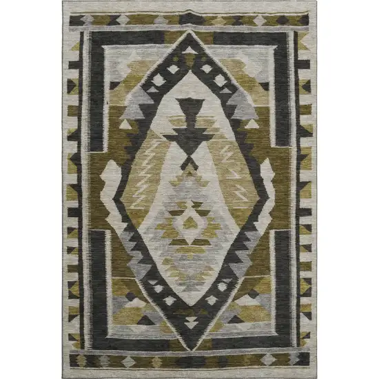 Chocolate Beige And Charcoal Tribal Washable Area Rug With UV Protection Photo 1
