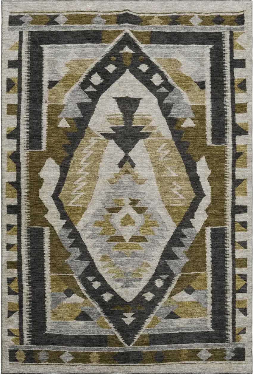 Chocolate Beige And Charcoal Tribal Washable Area Rug With UV Protection Photo 1