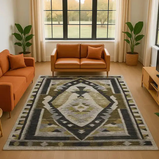 Chocolate Beige And Charcoal Tribal Washable Area Rug With UV Protection Photo 5