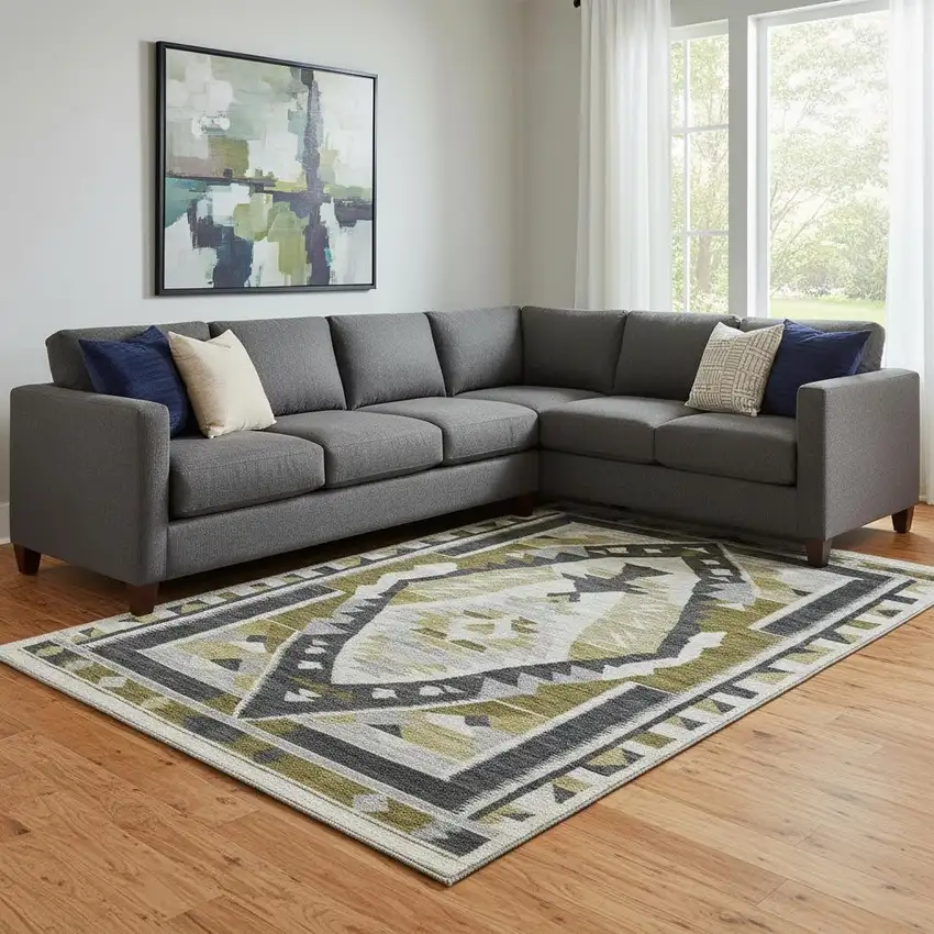 Chocolate Beige And Charcoal Tribal Washable Area Rug With UV Protection Photo 2