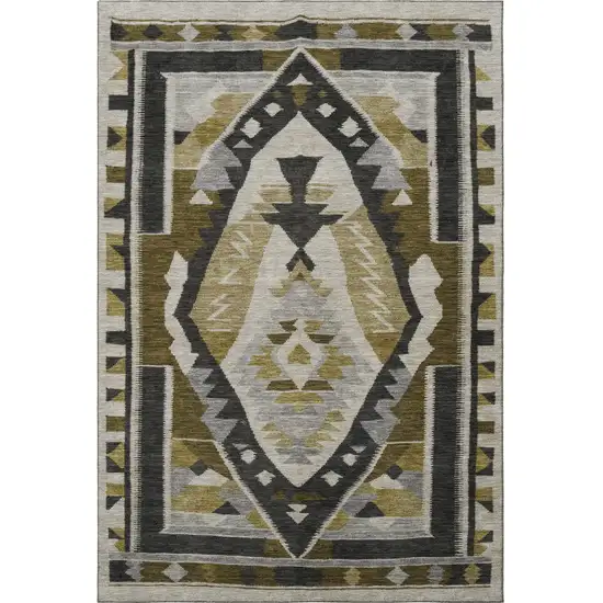 Chocolate Beige And Charcoal Tribal Washable Area Rug With UV Protection Photo 4